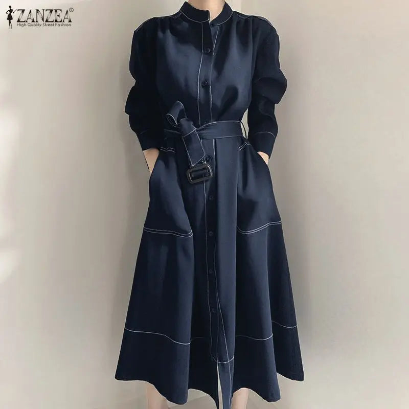 ZANZEA Fashion Long Shirt Dresses Women Elegant Streetwear Office Lady Midi Vestidos Belted Casual Autumn Long Sleeve Party Robe