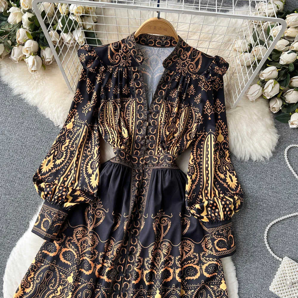 Women's Dress Palace Retro Printing Spring Autumn Winter Long Sleeve Elegant Dresses Single Breasted A-Line Shirts Vestidos Robe