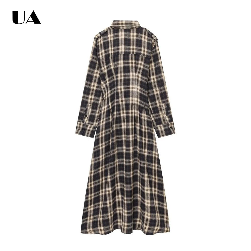 Fashionable Plaid A-line Midi Dress with Long Sleeve, Vintage Turn-down Neck Long Dress for Woman, Commuter Style Button Dress