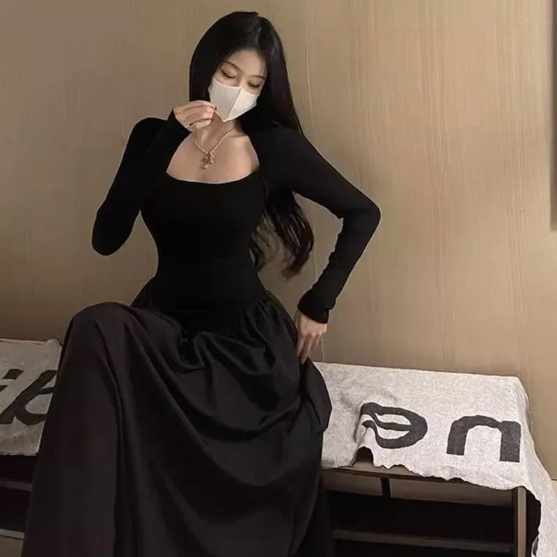 Korean Fashion High Waist Long Dress Ladies Sexy Slim Low-Cut Square Collar Black Dresses Women Elegant Spliced A-Line Dress