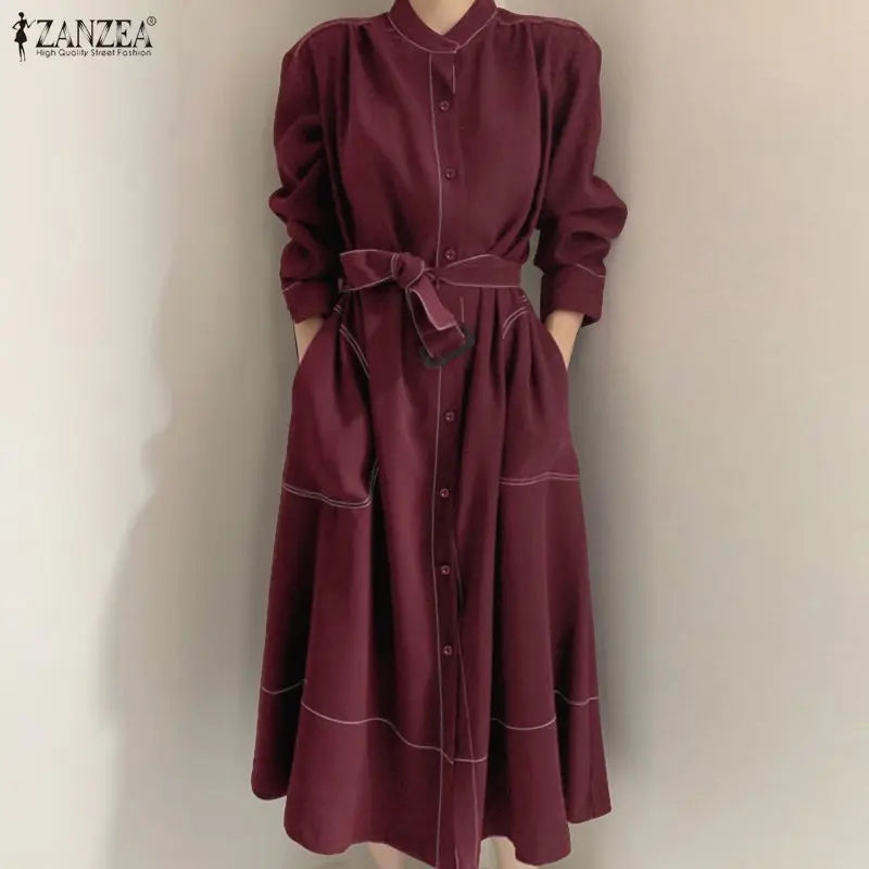 ZANZEA Fashion Long Shirt Dresses Women Elegant Streetwear Office Lady Midi Vestidos Belted Casual Autumn Long Sleeve Party Robe