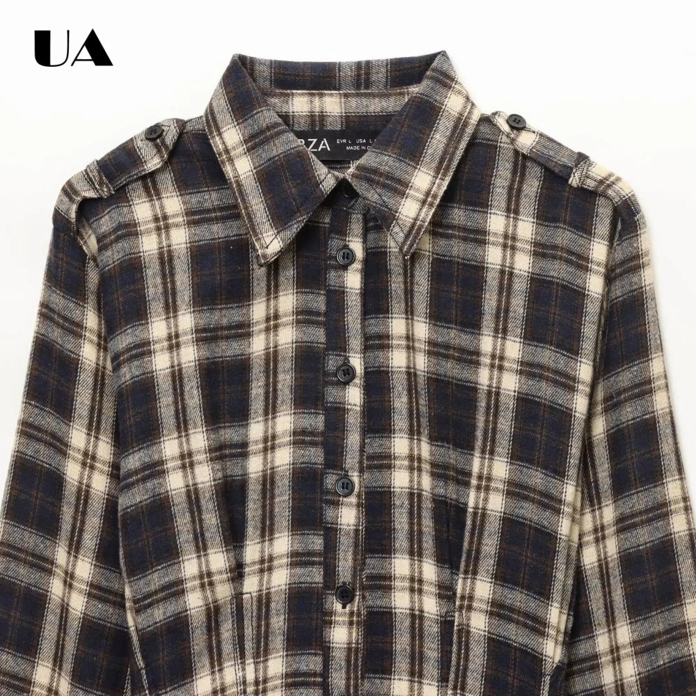 Fashionable Plaid A-line Midi Dress with Long Sleeve, Vintage Turn-down Neck Long Dress for Woman, Commuter Style Button Dress