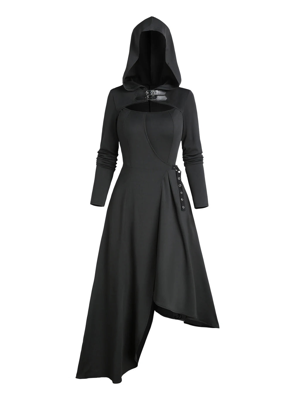 2024 Women's Gothic Dresses Cut Out Asymmetric Hooded Dress Long Sleeve Solid Color Buckle Strap Midi Dress Black Dress