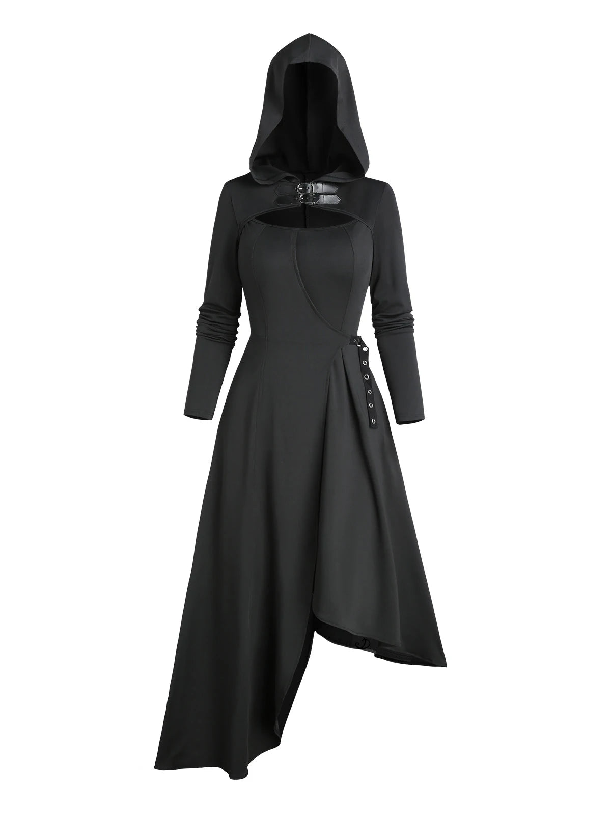 2024 Women's Gothic Dresses Cut Out Asymmetric Hooded Dress Long Sleeve Solid Color Buckle Strap Midi Dress Black Dress