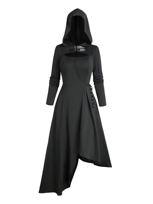 2024 Women's Gothic Dresses Cut Out Asymmetric Hooded Dress Long Sleeve Solid Color Buckle Strap Midi Dress Black Dress